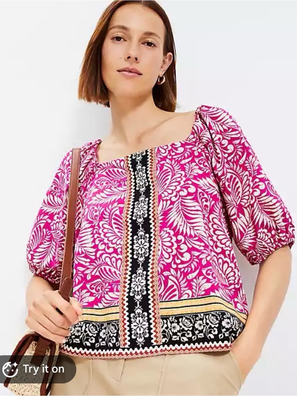 Loft Petites Pink Botanical Print Square Neck Puff Sleeve Blouse MP NWT
